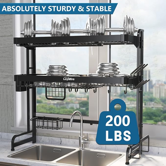 Loyalfire Over Sink Dish Drying Rack, 3 Tier Adjustable Length (20.87'' to 37.6'') Full Stainless Steel Large Storage Kitchen Dish Rack, Expandable Drainer Shelf Rack with Multifunctional Organizers - Image 5