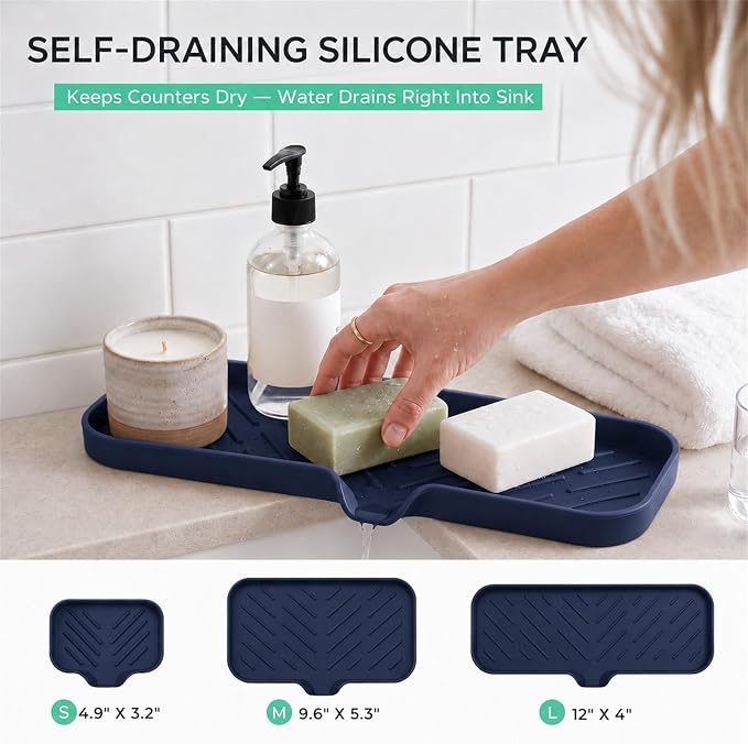 MicoYang Silicone Soap Dish with Drain Spout — Self-Draining Double Sink Organizer Tray for Kitchen & Bathroom, Dispensers, Sponges & Soap Holder, Non-Slip & Dishwasher Safe, Navy Blue (Large, 12"×4") - Image 8