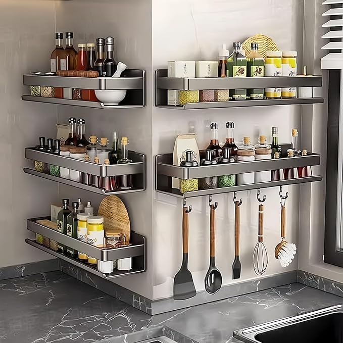 Adhesive Wall Mount Spice Rack Organizer, No-Drill Carbon Steel Spice Storage Shelf for Kitchen Cabinet, RV Camper, and Bathroom Counter, Multi-Purpose Wall Shelf for Seasonings, and bathroom supplies - Image 4