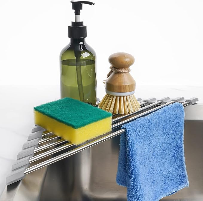 Tomorotec Triangle Roll-Up Dish Drying Rack for Sink Corner Small Foldable Stainless Steel Over The Sink Multipurpose Kitchen Drainer Caddy Organizer Storage Space Saver Shelf Holder (Gray) | BPA-Free Food-Grade Silicone Edges Foldable Waterproof Rustp... by Tomorotec