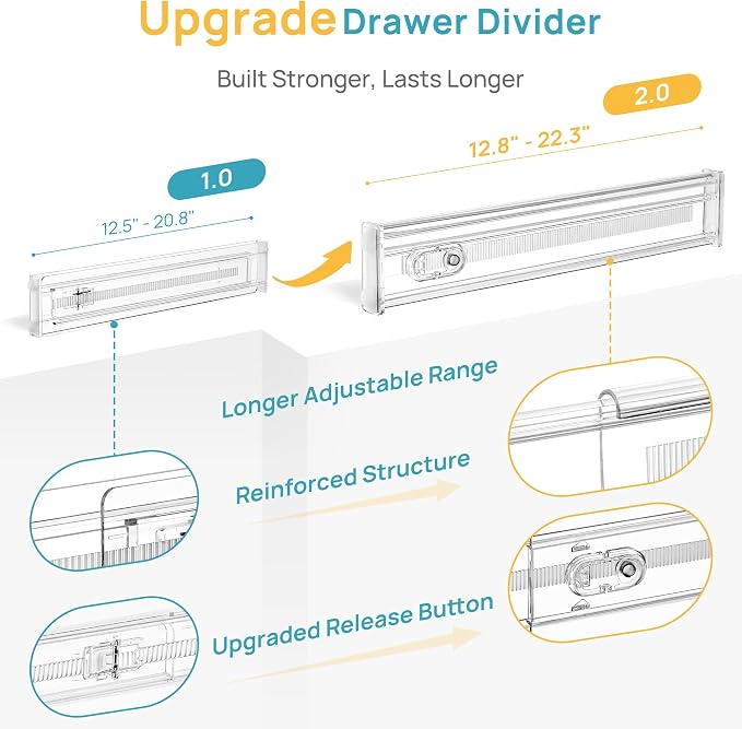 Vtopmart 2.36" Short Upgrade Drawer Dividers 12.8"-22.3" Expandable 4 Pack | Adjustable Kitchen Drawer Organizer, Clear Plastic Separator for Flatware, Utensils, Cutlery, Underwear Storage, Space Saving - Image 7