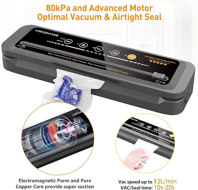 MegaWise Vacuum Sealer Machine | 80kPa Suction Power | Vac Seal Machine | Bags and Cutter Included|Compact One-Touch Automatic with External Vacuum System|Dry Moist Fresh Modes for All Saving needs - Image 2