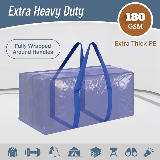 6 Pack Extra Heavy Duty Large Moving Bags with Strong Zipper, Blue | Comfortable Handles, Sturdy & Durable Clothes Storage Bags Totes Bins, Blue Packing Moving Boxes for College Supplies - Image 2