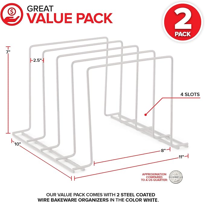 Stock Your Home Kitchen Cabinet Organizer, White (2 Pack) Steel Baking Sheet Holder with 4 Slots for Cabinet, Bakeware Organizer, Divider for Cutting Boards, Pot Lids, Pan Lids, Cookie Sheets - Image 2