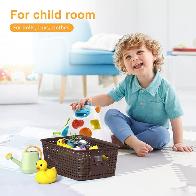 8 Pack Plastic Storage Baskets,Brown Stackable Storage Bins | 5.3qt Storage Containers with Labels for Organizing Shelves Drawers Desktop Closet Playroom Classroom Office - Image 3
