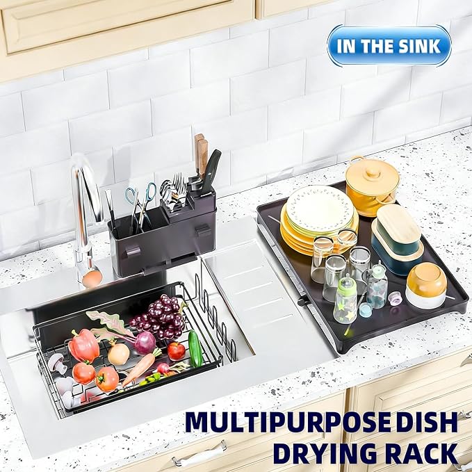 Simple Trending Dish Drying Rack for Kitchen Counter, 11.7" x 16.5", Black | Stainless Steel Dish Rack for Kitchen Counter, Dish Drainer with Cutlery & Cup Holders, Anti-Rust, Counter Space Saving - Image 4