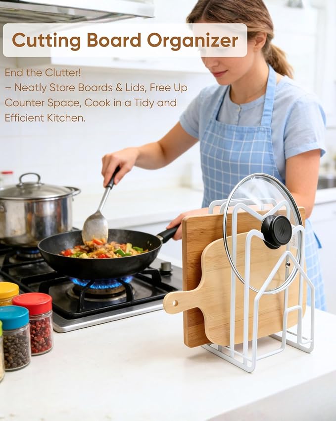 LINFIDITE Cutting Board Rack Chopping Board Organizer Stand Holder Kitchen Countertop Pots Pan Lids Rack Organizer Flat Steel 4.92Lx5.71Wx8.46H in. White - Image 3