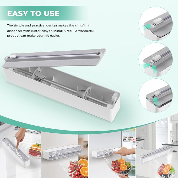 Magnetic Plastic Wrap Dispenser with Cutter - Quasziwa Upgrade Practical Refillable Cling Wrap Aluminum Tin Foil Organizer for Drawer, Include an Extra Roll of 12"X 164' Food Cling Film - Grey - Image 6