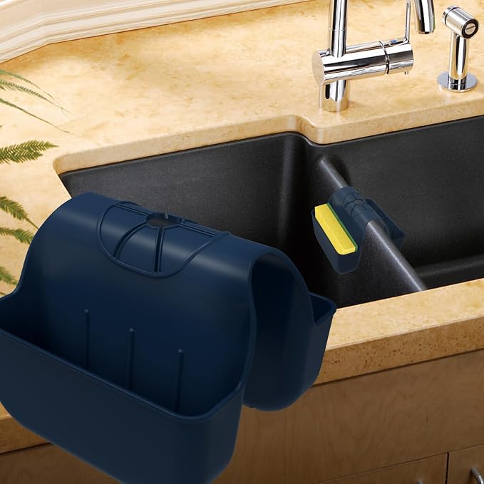 Sponge Holder for Kitchen Sink, Silicone Sink Saddle Caddy Organizer Rack, Sponges Holder Over Faucet, Hanging Kitchen Organizer Accessories Rack Basket - Navy Blue by OKeanu