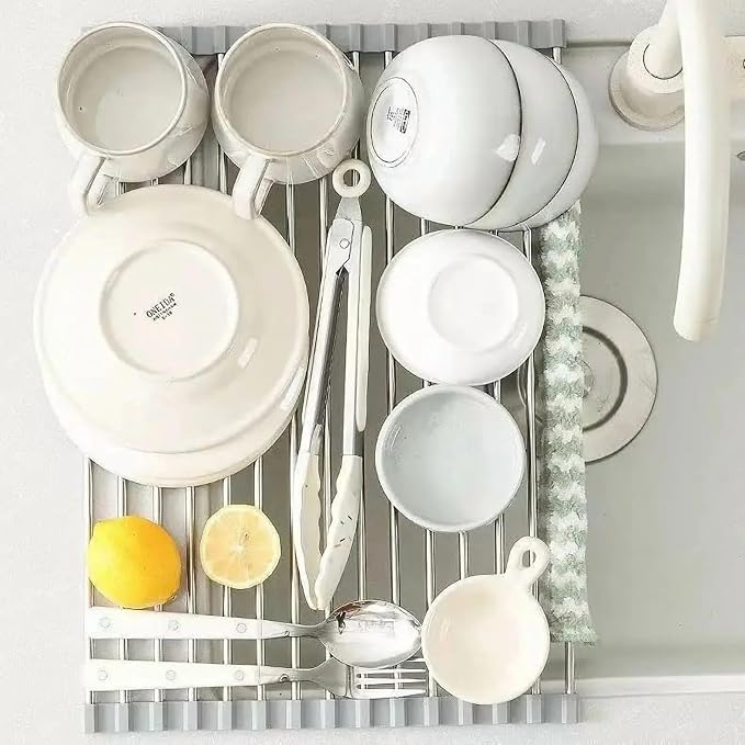 Over-The-Sink Roll Up Dish Drying Rack, 18.5" x 13.5" Foldable Stainless Steel Dish Drainer Mat, Sink Cover & Heat-Resistant Kitchen Organizer (Grey) - Image 7