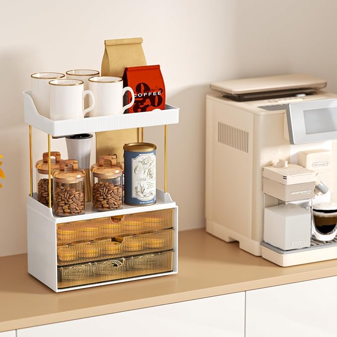 StorBin Arcylic 5-Tier Makeup & Skincare Organizer for Vanity, Bath | Smooth 3 drawers, clear body, gold frame, non-slip, for perfumes, serums, face masks, palettes, vanity & bath counter,Amber - Image 3