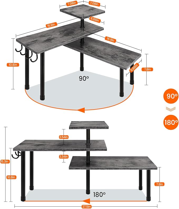 Kitchen Countertop Organizer, 3 Tier Corner Shelf Bathroom Counter Organizer, Wooden Counter Shelf Stand Space Saver, Easy Assembly, Rustic Grey - Image 2