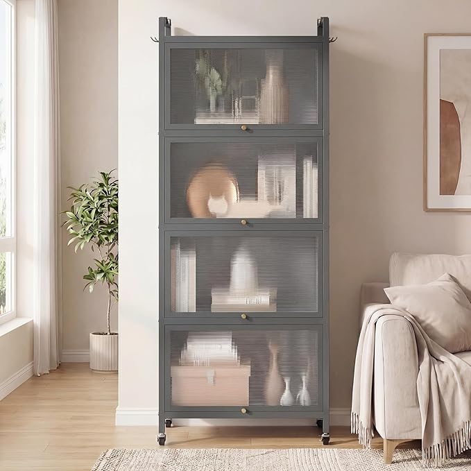 GIANTEX 5-Tier Kitchen Storage Cabinet, 4 PC Doors, Rolling Wheels, Grey | Mobile Metal Pantry Cabinet with 4 Hooks & Adjustable Feet, 60" Baker's Rack Microwave Stand for Dining & Living Room - Image 4