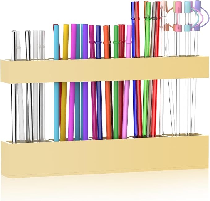 9.5” Large Acrylic Straw Holder for Cabinet Door, Adjustable Two-Part | Reusable Straws Organizer with Ultra Sticky Adhesive Strips, 2026 Straw Storage for Kitchen Cupboard (Milky Yellow) by Rycid