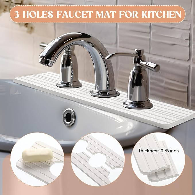 Teenyyou 3 Square Hole White Faucet Mat Kitchen Sink 16.14" x 4.49" | Bathroom Faucet Absorbent Mat,Diatomite Splash Guard,Quick Drying Drip Catcher,Hole 1.97",Holes Spaced About 1.97" - Image 5