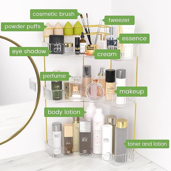 Makeup Organizer 3 Tier Bathroom Counter Organizer with Makeup Brush Holder | Corner Bathroom Organizer Countertop, Acrylic Counter Storage for Bathroom Dresser, Skincare Perfume Organizer- Clear - Image 4
