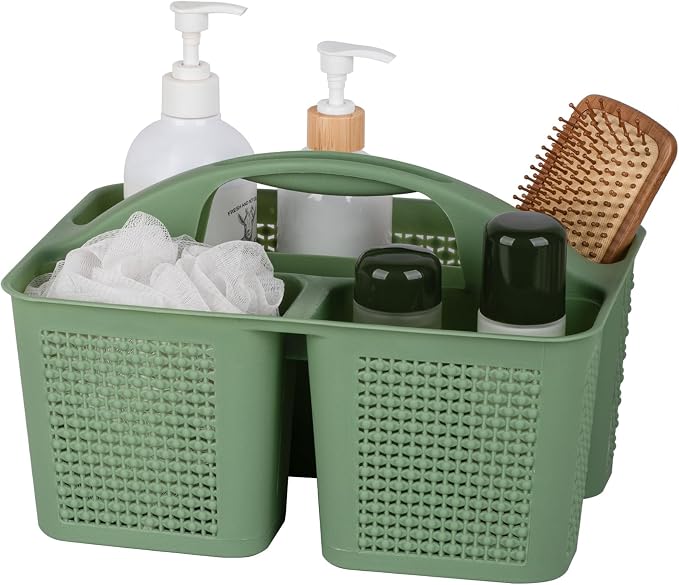 Plastic Portable Shower Caddy Basket with Handle, 3 Compartments, Green | Storage Organizer with Drain Holes, Sturdy and Durable For Bathroom, Kitchen, College Dorm, Sink, Camping by UUJOLY