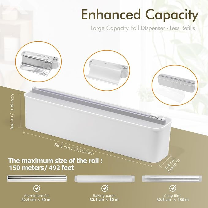 Aluminum Foil & Plastic Wrap Dispenser with Cutter - Magnetic & No-Drill Wall Mount, Cling Film Dispenser for Countertops & Cabinets, Space-Saving Kitchen Organizer - Fits 150 m Rolls, White - Image 6
