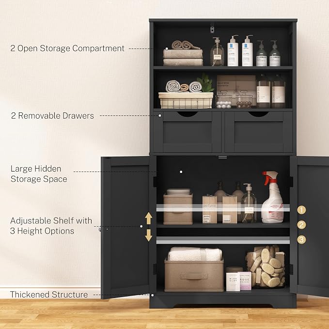 Iwell Tall Storage Cabinet, Black Storage Cabinet & Adjustable Shelves, Bathroom Cabinet for Living Room, Dining Room, Entryway, Black - Image 4