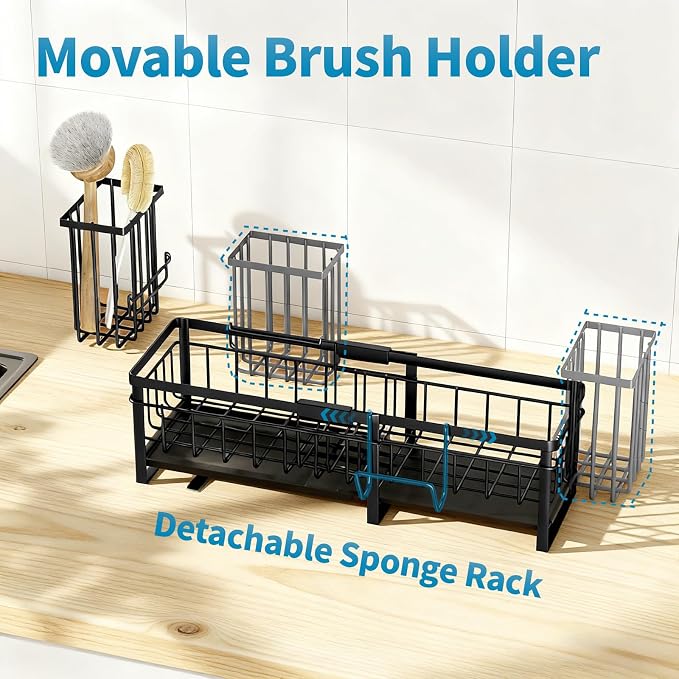 Extra Large Extendable Sponge Holder for Kitchen Sink Caddy Organizer | Rustproof Sink Caddy Organizer with High Brush Holder, Dish Soap Dispenser Organizers and Storage (Black) - Image 6