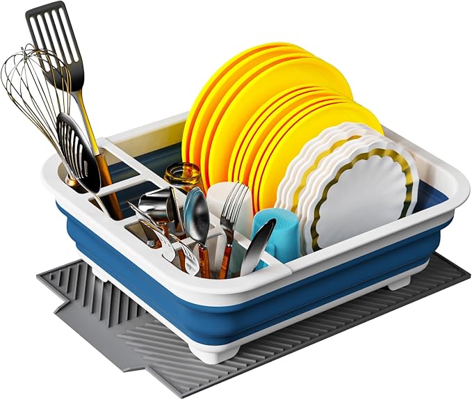 Dish Rack,Drying Rack Kitchen, Dish Racks for Kitchen Counter, Collapsible Dish Drying Rack—Suitable for Kitchens, motorhomes, Yachts, Campers - Blue-White (with Silicone Drain Pad) by udNmlaiebot