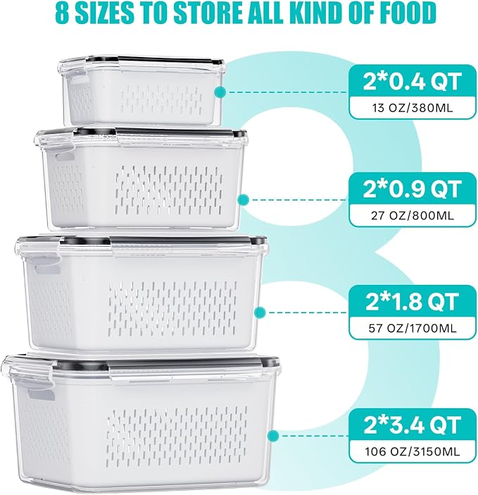 HOMETALL 8 Pack Fruit Storage Containers for Fridge with Strainer, BPA Free Fruit Cleaning Bowl Fridge Organizer, Plastic Fresh Keeper Set Refrigerator Organizer for Salad Berry Produce - Image 3