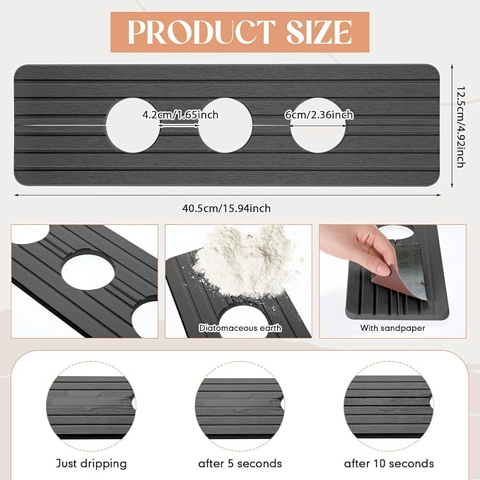 Teenyyou 3 Hole Gray Faucet Mat Kitchen Sink 15.94" x 4.92" | Bathroom Faucet Absorbent Mat,Diatomite Splash Guard,Quick Drying Drip Catcher,Hole 2.36",Holes Spaced About 1.65" - Image 2