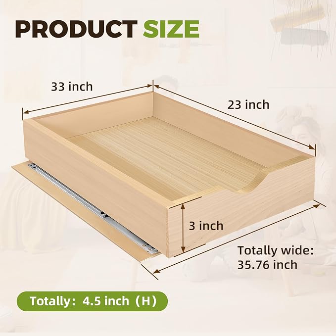 Pull Out Drawers for Cabinet Wood 33" W x 23" D Slide Out Organizer | Pull Out Cabinet Organizer, Solid Wood with Soft Close Bottom Rails, 57 LB Capacity, Waterproof Coating Suit Kitchen Bathroom - Image 2