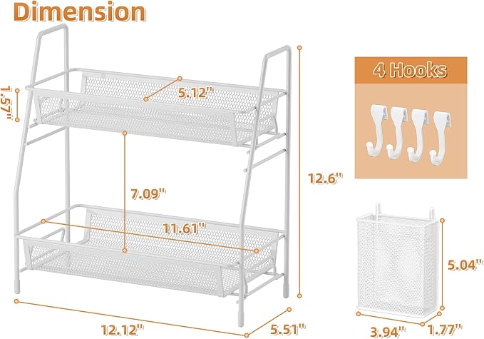 2 Tier Bathroom Countertop Organizer, Vanity Storage Shelf, Small, White | Bathroom Counter Organizer, Vanity Makeup Tray Shelf, Kitchen Spice Rack, Metal Wire Mesh, with Basket Hooks - Image 6