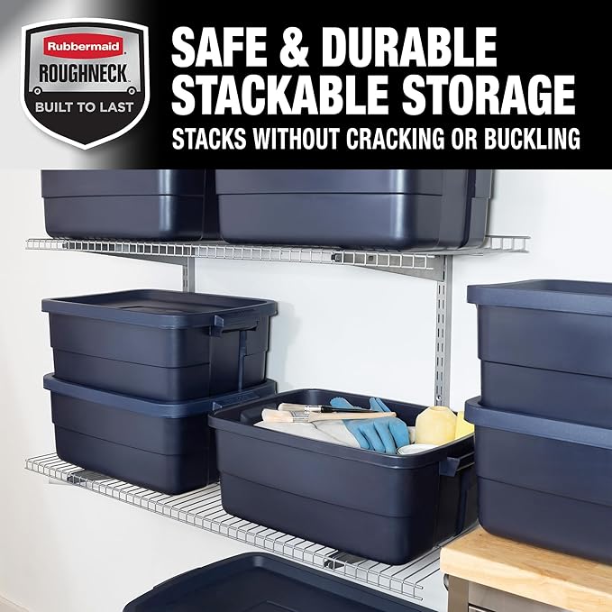 Rubbermaid Roughneck Tote 10 Gal, 8 Pack, Made in USA, Dark Indigo Metallic, Rugged Plastic Stackable Storage Bins with Lids and Handles - Image 4