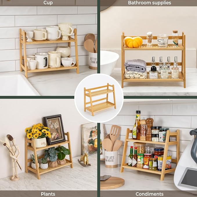 ANBOXIT Matcha Station Organizer, Countertop Bamboo Coffee & Tea Station | Rattan-Look 2 Tier Mug Holder Display Stand for Kitchen Condiment, Coffee Accessories, Home, Office - Image 7