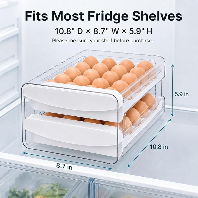 Egg Holder for Fridge, 40-Egg Refrigerator Organizer with Drawers | Egg Storage for Refrigerator, Clear Egg Container, 2-Tier Egg Tray for Fridge, Stackable Lid, BPA-free PET and PP, Hand Wash. - Image 2