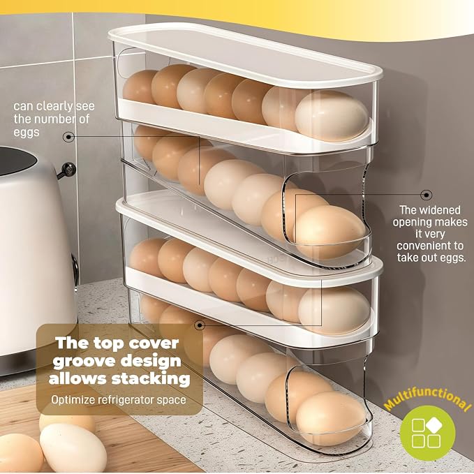 Egg Holder for Fridge, Space-Saving Automatic Rolling Egg organizer for refrigerator, 2-Layer Stackable Egg dispenser for refrigerator, Egg storage with Lid for Kitchen, Countertop, Dining Room - Image 6