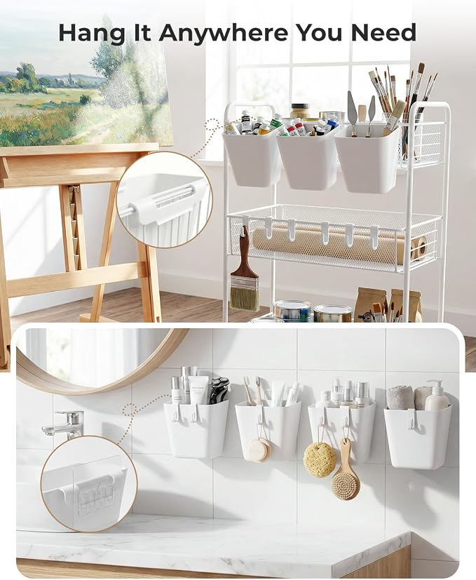 4 Pack Rolling Cart Accessories, White Craft Cart Cup Holder and 6 Hooks for Utility Carts Accessories, Adhesive Kitchen Cabinet Door Storage, Space-Saving Wall Mount Organizer for Bathroom, Office - Image 5