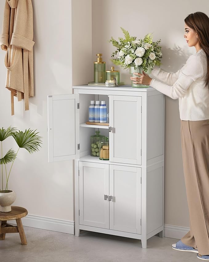 SONGMICS HOME Freestanding Storage Cabinet, Floor Cabinet with Elevated Legs, Metal Handles, for Living Room, Kitchen, Bathroom, White - Image 7