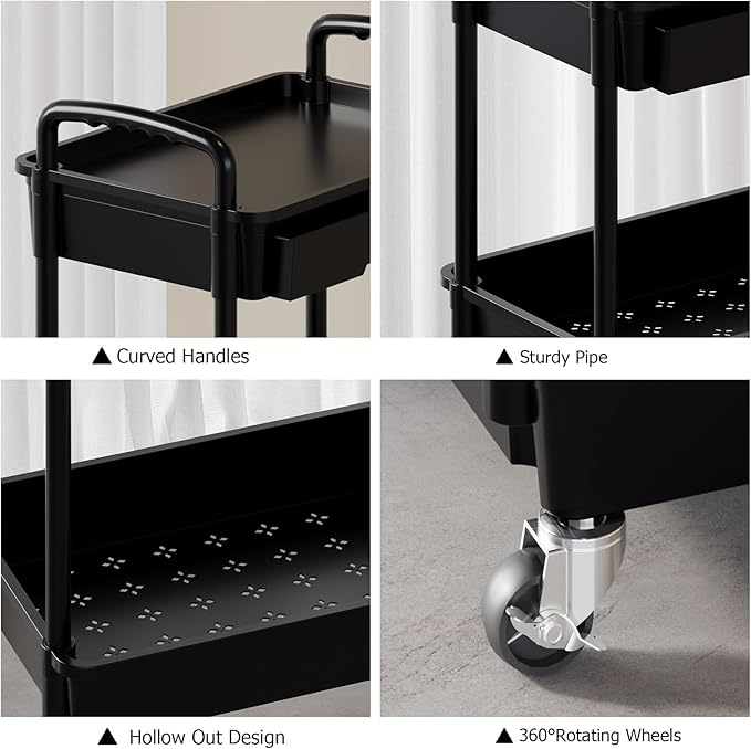 4 Tier Rolling Utility Cart with Drawer, Plastic Storage Organizer Rolling Carts with Wheels Handles Hanging Cups Hooks for Office, Bathroom, Kitchen,Craft Art Room (Black) - Image 5