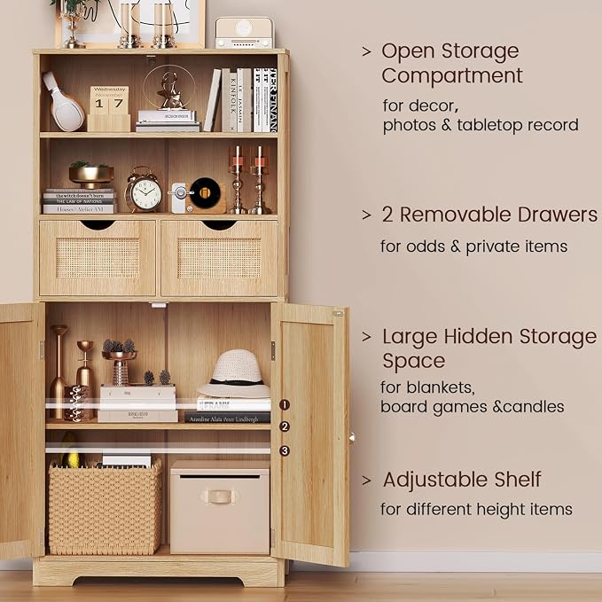 Iwell Tall Storage Cabinet, Rattan Cabinet with 2 Drawers & Adjustable Shelf, Kitchen Pantry Storage Cabient, Entryway Cabinet for Living Room, Dining Room, Home Office, Natural - Image 4