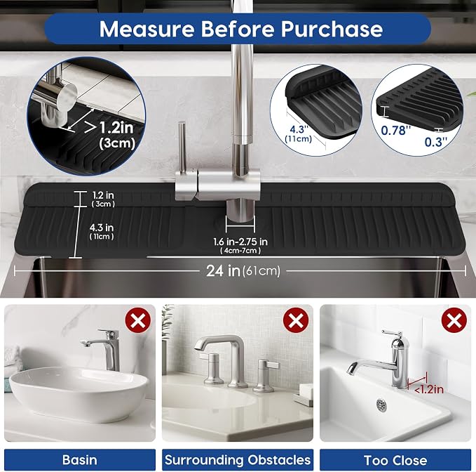 24-Inch Silicone Faucet Mat for Kitchen Sink Splash Guard, 7° Slope | 24"x5.5" water draining mat with fasten button; 1.6-2.75" customizable hole for bathroom, RV & kitchen sink drip catcher. - Image 2