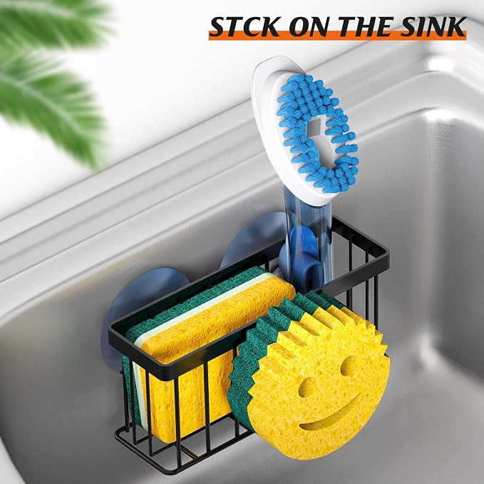 MURLONG Sponge Holder Smiley Face, Sink Organizer with 2 Suction Cups/1 Adhesive Strips, Designed for Sponge, Soap, Dish Brush, Scrubber - Black - Image 5