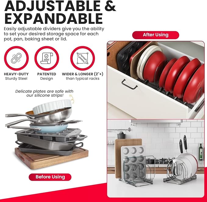 7.5” Wide 12-Slot Adjustable Large Pan and Pot Lid Organizer with Scratch-Free Pads, Expandable Pot Lid Holder Rack for Cabinet, Pots and Pans Organizer Inside Cabinet - Image 3