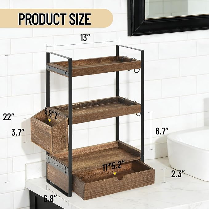 3-Tier Bathroom Counter Organizer with Drawer Basket and Hooks, Wood Bathroom Organizers and Storage for Countertop, Farmhouse Dark Brown Countertop Organizer, Counter Shelf for Vanity, Kitchen,Office - Image 8