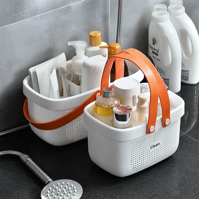Portable Shower Caddy Basket with Handle Plastic Storage Basket Small White | Sturdy Drainage Large Capacity Organizer Basket with Silicone Handles for Bathroom Kitchen Bedroom College Dorm Essentials - Image 2
