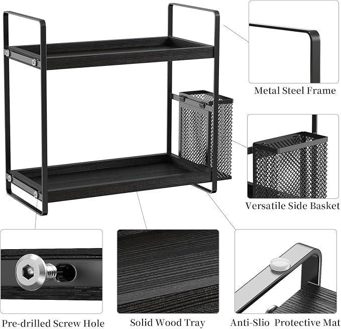 Bathroom Organizer Countertop, Counter Organizer for Bathroom Decor, Wooden Sink Shelf for Vanity Storage, Makeup Tray for Perfume Skincare Bedroom Kitchen Corner (Black) - Image 7