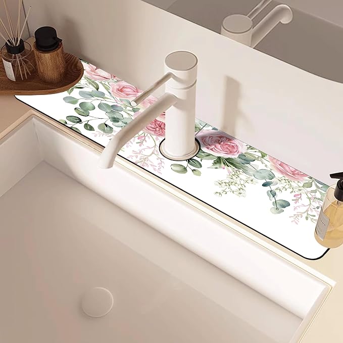 Faucet Mat for Kitchen Sink Watercolor Floral Pink Flowers Sink Splash Guard Behind Faucet Soft Diatom Mud Material Non-slip Easy to Clean for Bathroom & Kitchen 24"X5.5" - Image 5