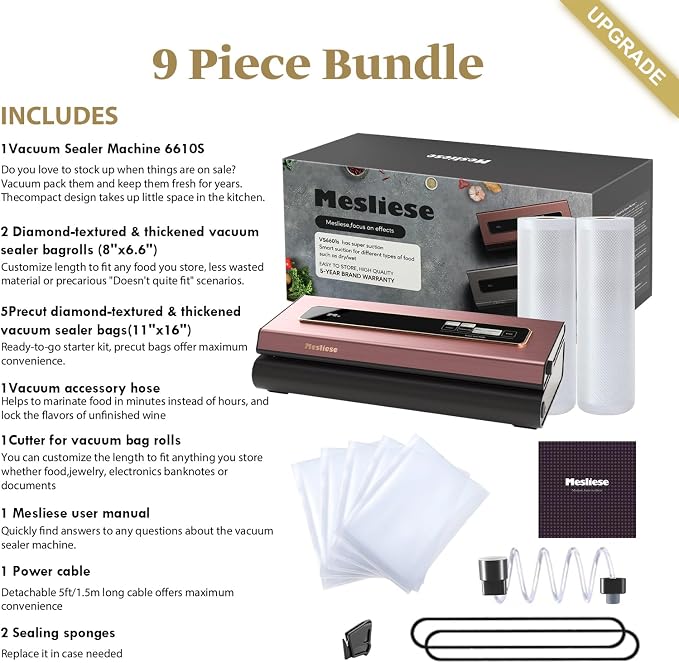 Mesliese 6in1 Vacuum Sealer, Dry/Moist Modes, 2 Bag Rolls & 5 Pre-cut Bags | Pink, 90kPa Compact Vacuum Food Sealing System, Stainless Steel Panel, Smart Suction, External Vacuum for Jars, Cutter, ETL - Image 5