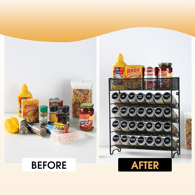 Skiileor Spice Rack Organizer with 28 Spice Jars,Spice Labels and Funnel | 5-Tiers Metal Seasoning Organizer, Kitchen Spice Organization for Cabinet, Countertop, Pantry, Cupboard Door or Wall Mount - Image 4