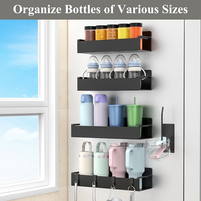 Magnetic Water Bottle Holder for Fridge Black, 4 Pack | Tumbler Organizer with Hooks, Cup Holder Organizer Storage, Refrigerator Shelf for Stanley, Owala - Image 6