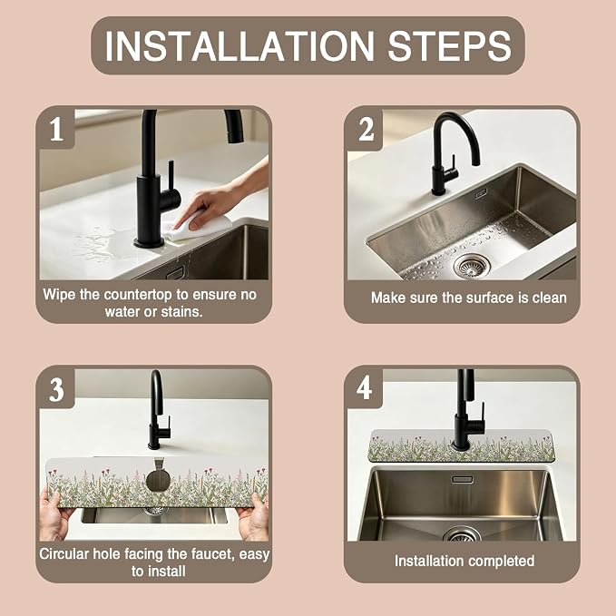 Faucet Mat for Kitchen Sink Watercolor Floral Herbs Sink Splash Guard Behind Faucet Soft Diatom Mud Material Non-slip Easy to Clean for Bathroom & Kitchen 24"X5.5" - Image 4