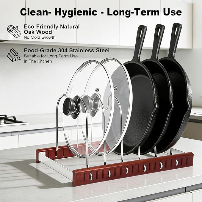 Pot Lid & Pan Organizer, Space-Saving Kitchen Cabinet Organizer W Oak Base & Self-Adaptive Flexible Design for Tray, Baking Sheet, Cutting Board, Cookware, Skillets - Cutting Board Holder Storage - Image 3