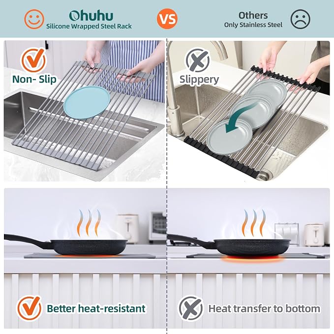 Ohuhu Roll Up Dish Drying Rack, Over The Sink Multipurpose Roll-Up Dish Racks, 16.5" W x 13" L Rolling Heat-Resistant Anti-Slip Silicone Coated Dish Drainer Portable Foldable for Kitchen Counter - Image 6